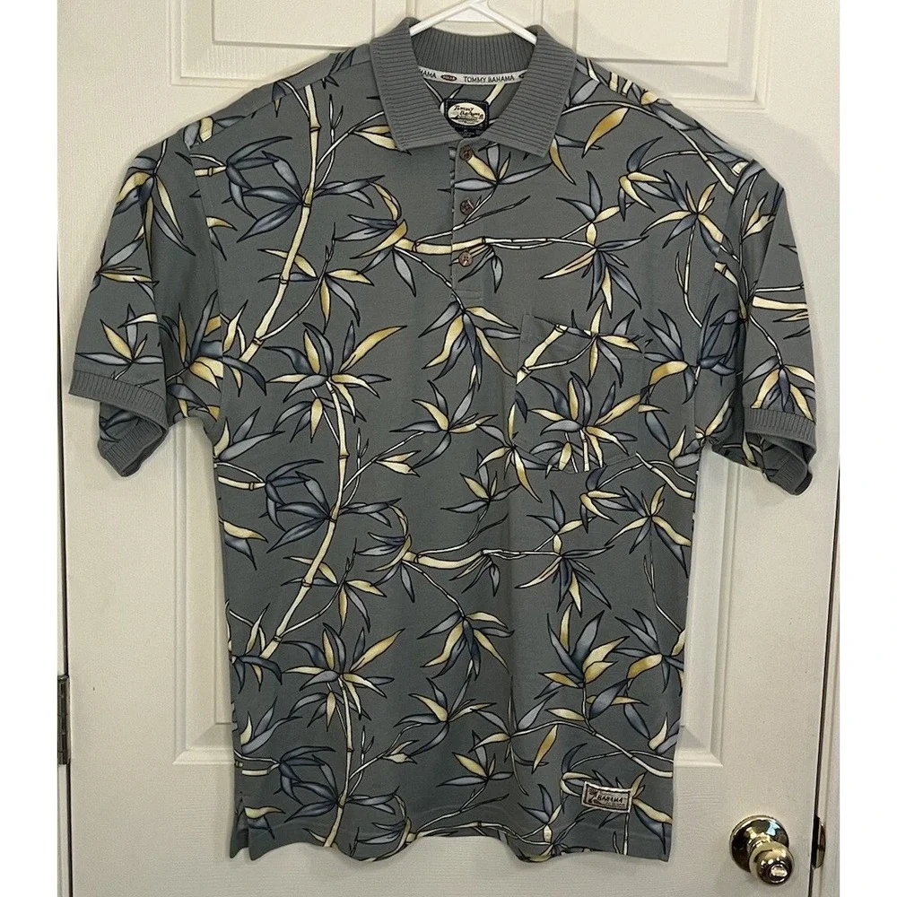 Tommy Bahama Polo Shirt Men's Medium Green Hawaiian Floral Bamboo Casual Relax‎